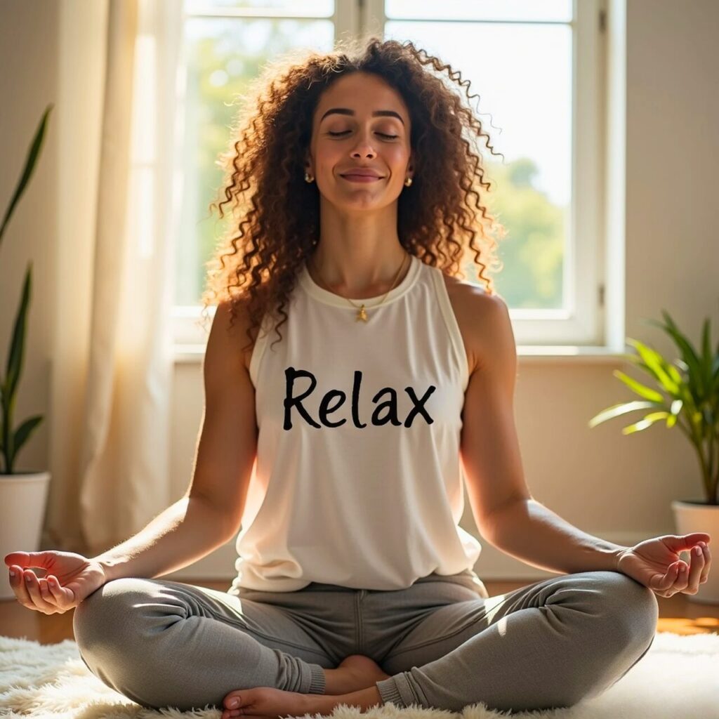 ai-generated-8965842_1280 A curly haired woman doing mindfulness inside the livingroom under the sun.