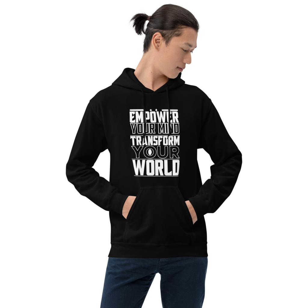 Empower your mind transform your world men's motivational heavy blend Gildan 18500 typographic design hoodie_black